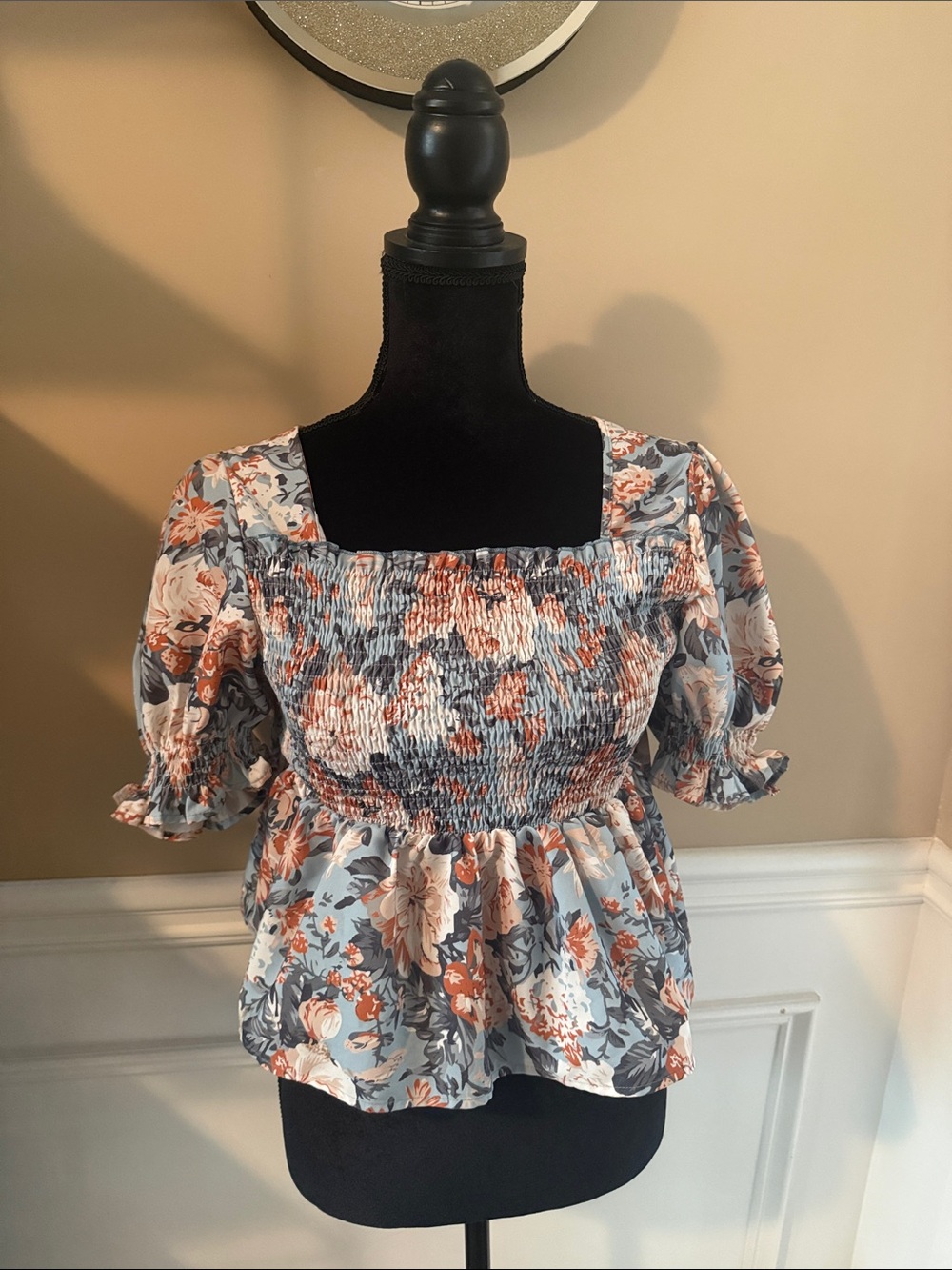 Floral Smocked Square-Neck Top in Blue and Coral